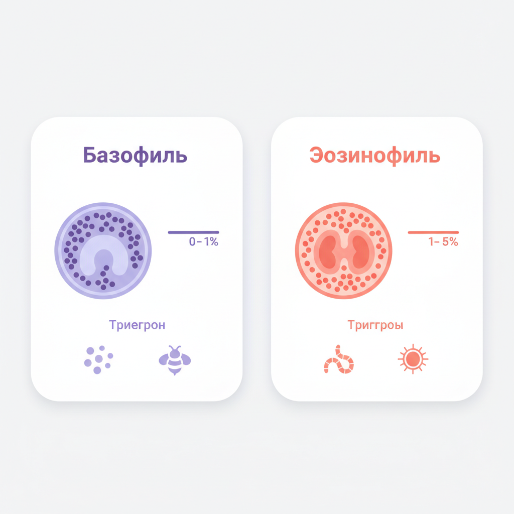 Лейкоцитарная формула крови: базофилы и эозинофилы под микроскопом