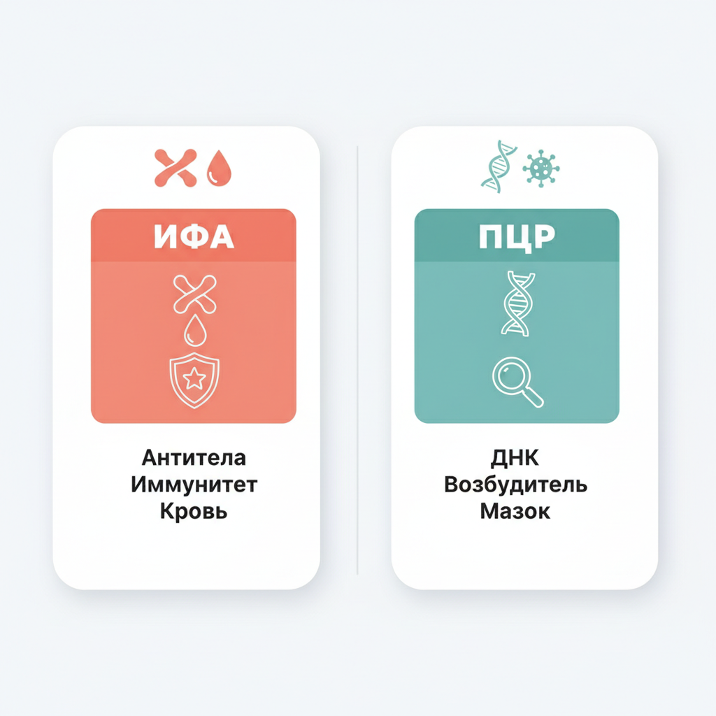 Инфографика сравнение методов ИФА и ПЦР по ключевым критериям лабораторной диагностики